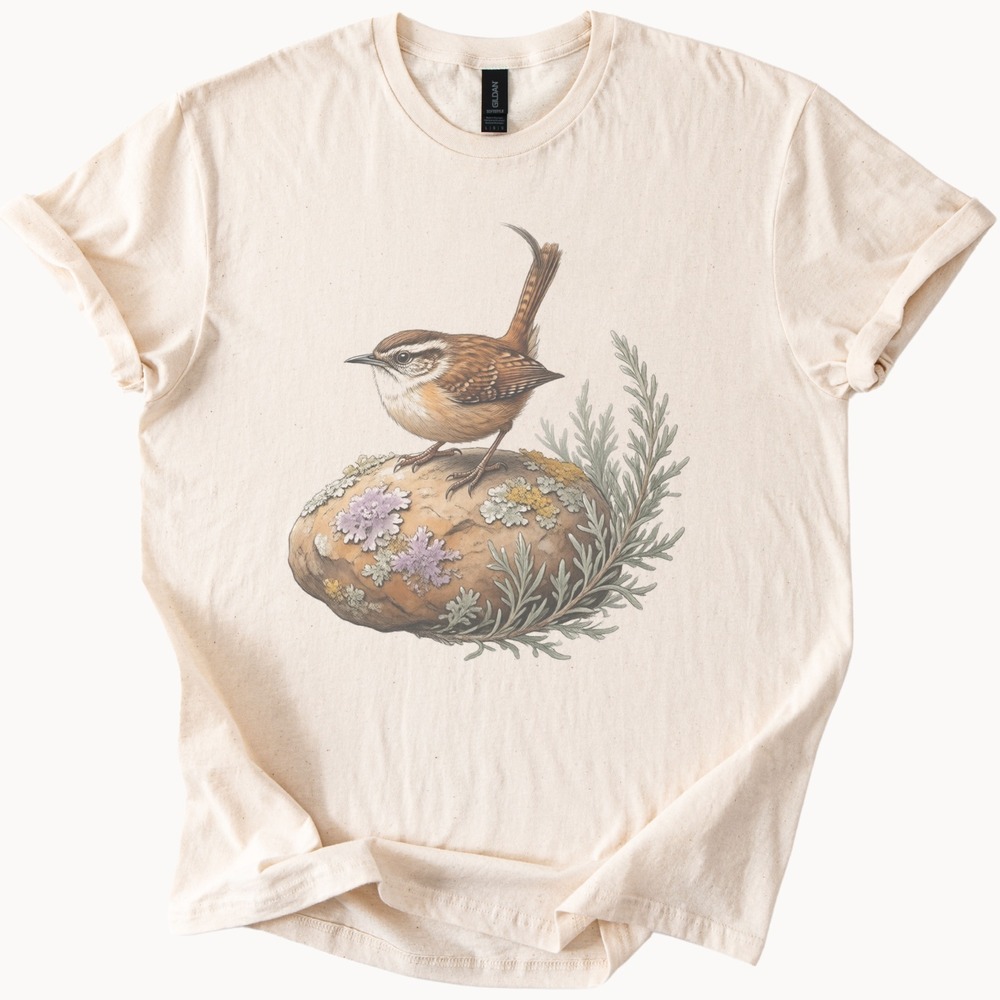 Wren Perched on a Lichen-Covered Rock Naturalist Tee